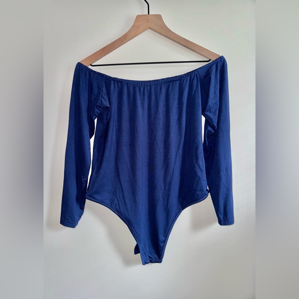 Lrady Women's Long Sleeve Off The Shoulder Bodysuit Women Size XL Blue Spandex